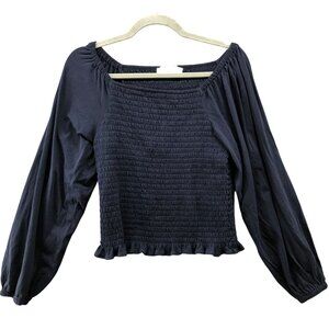 Loft Square Neck Smocked Top Womens M Navy‎ Blue Long Sleeve Ruffle Hem Cotton